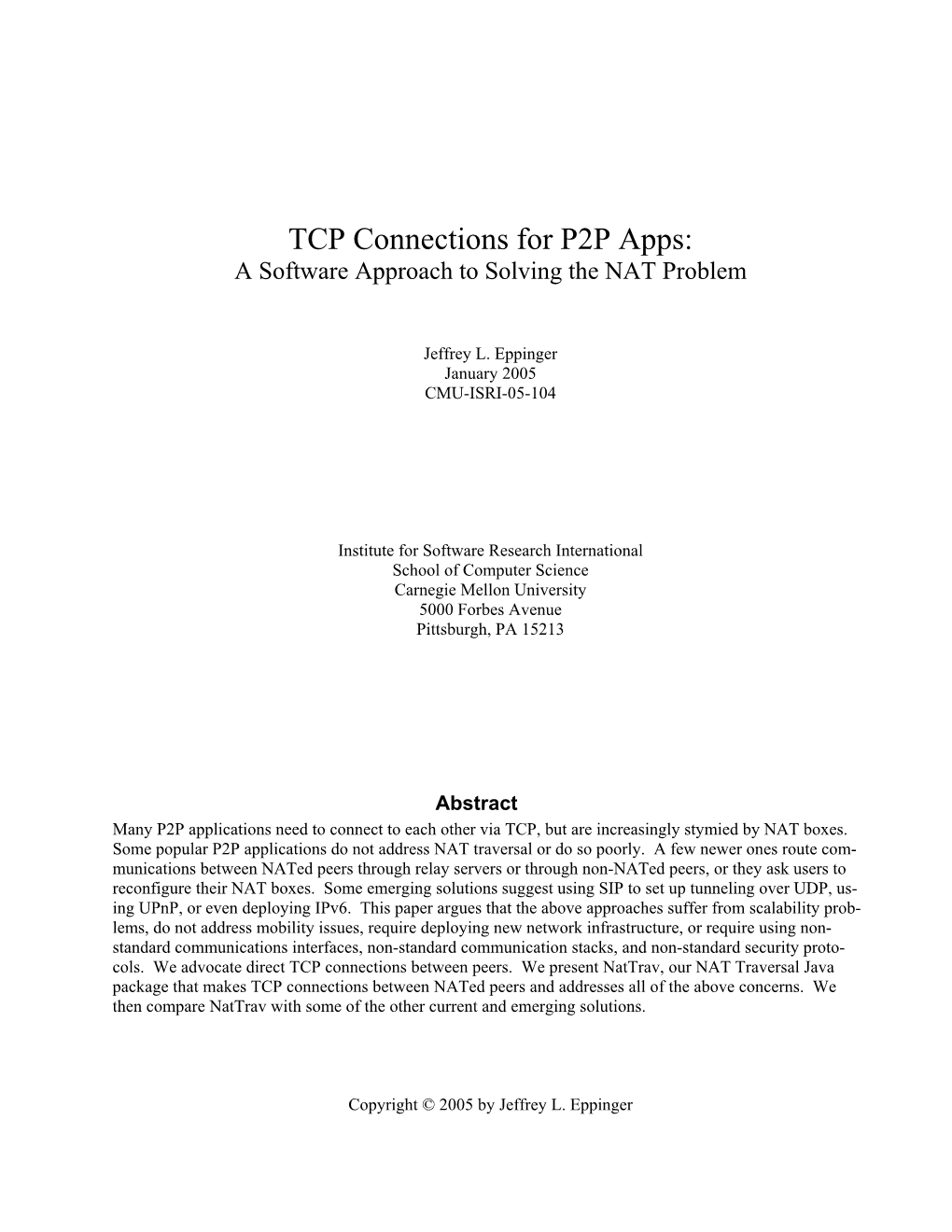 TCP Connections for P2P Apps: a Software Approach to Solving the NAT Problem