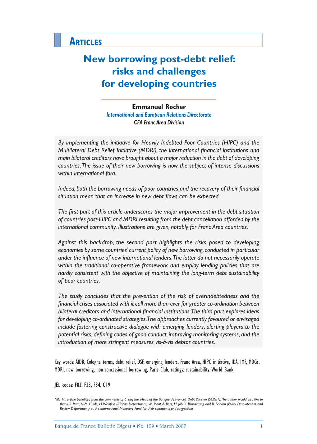 New Borrowing Post-Debt Relief: Risks and Challenges for Developing Countries