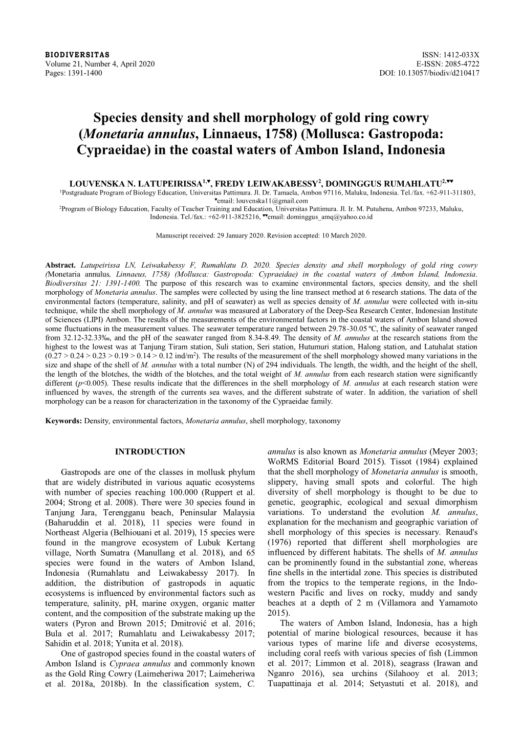 Species Density and Shell Morphology of Gold Ring Cowry (Monetaria