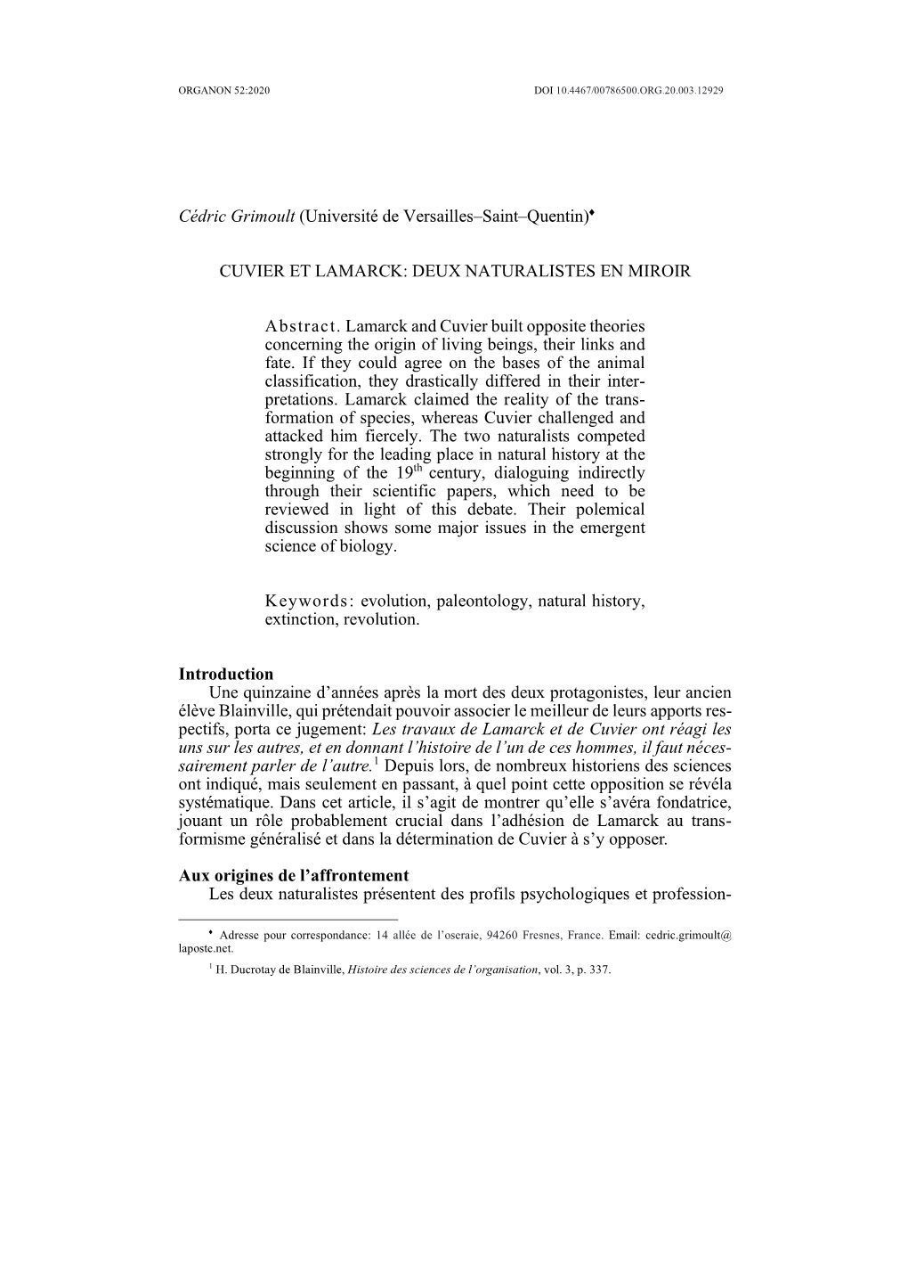 Cuvier Et Lamarck: Deux Naturalistes En Miroir