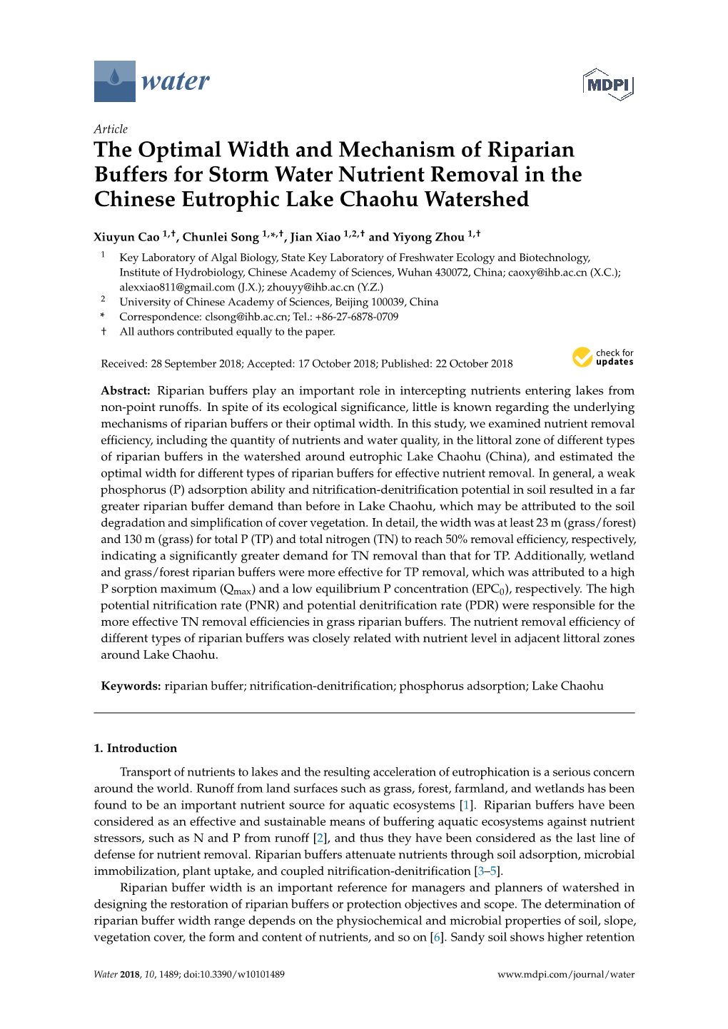 The Optimal Width and Mechanism of Riparian Buffers for Storm Water Nutrient Removal in the Chinese Eutrophic Lake Chaohu Watershed