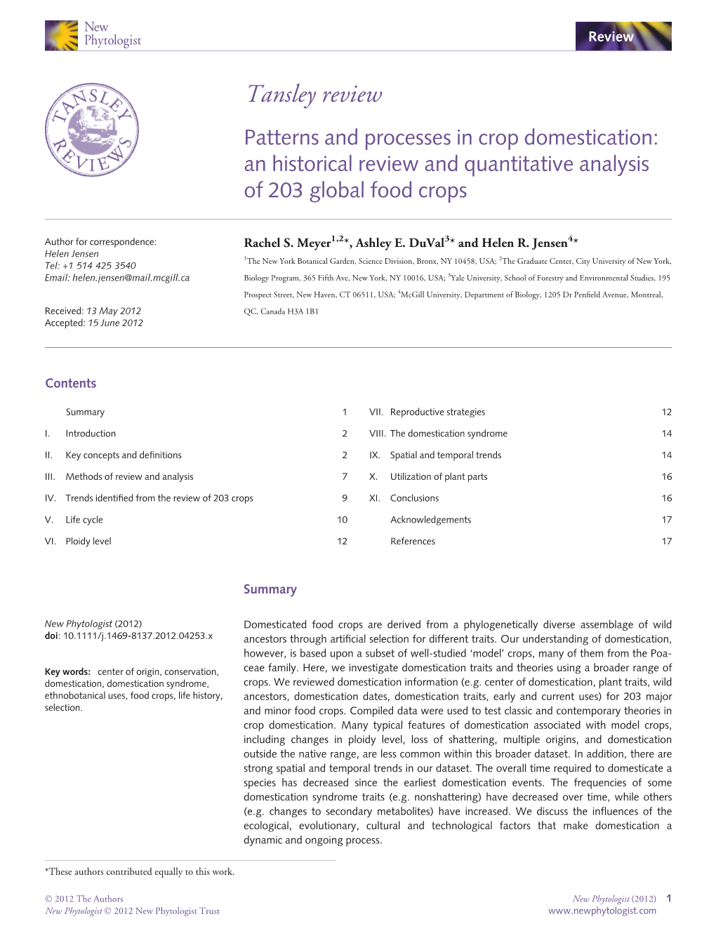 Tansley Review Patterns and Processes in Crop Domestication: an Historical Review and Quantitative Analysis of 203 Global Food Crops