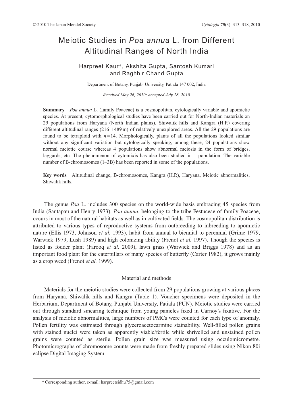 Meiotic Studies in Poa Annua L. from Different Altitudinal Ranges of North India