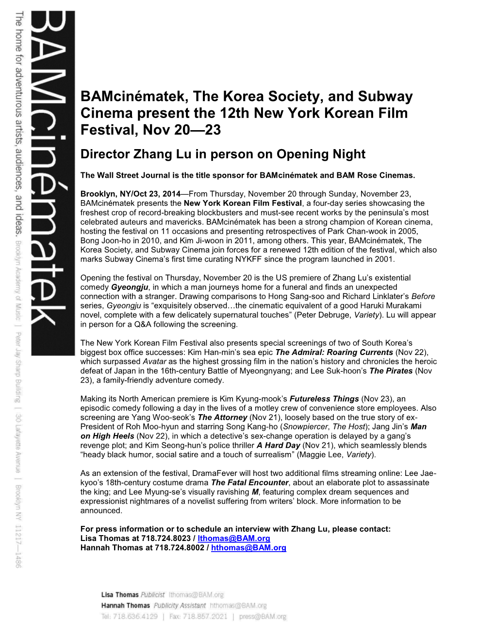 Bamcinématek, the Korea Society, and Subway Cinema Present the 12Th New York Korean Film Festival, Nov 20—23