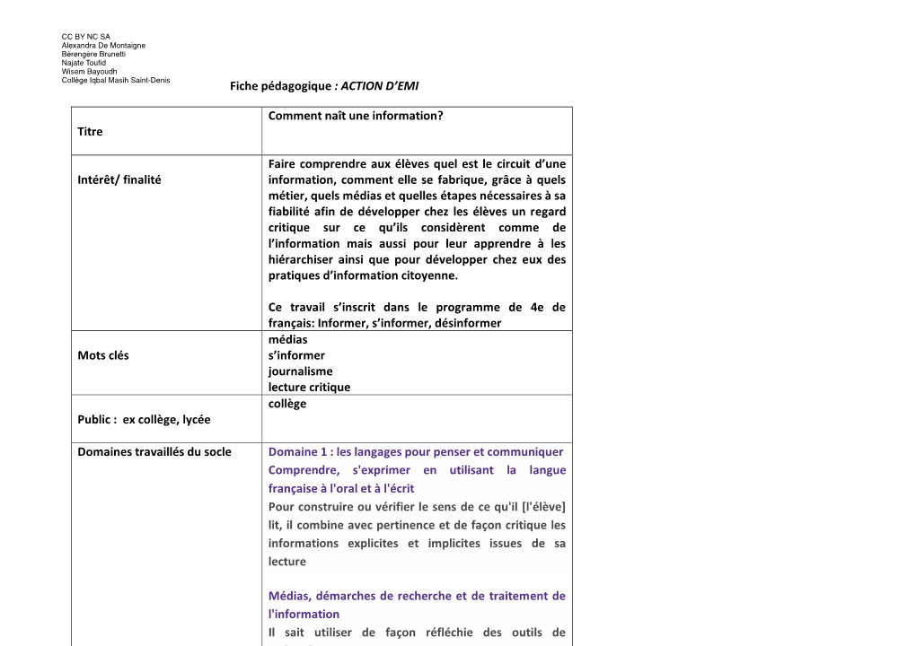 Fiche Pédagogique : ACTION D'emi Titre Comment Naît Une Information