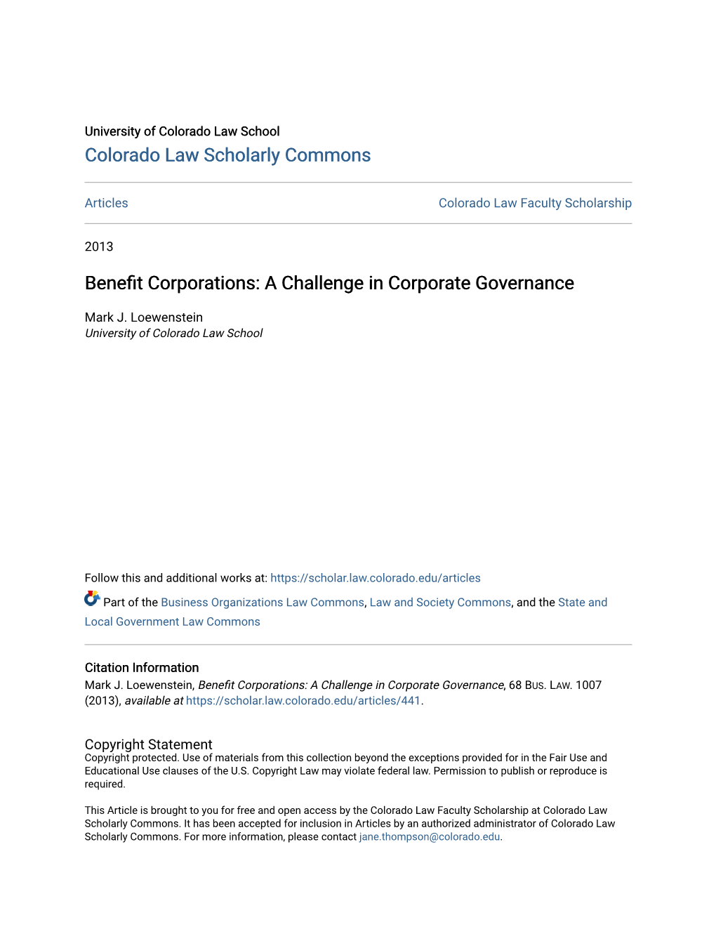 Benefit Corporations: a Challenge in Corporate Governance