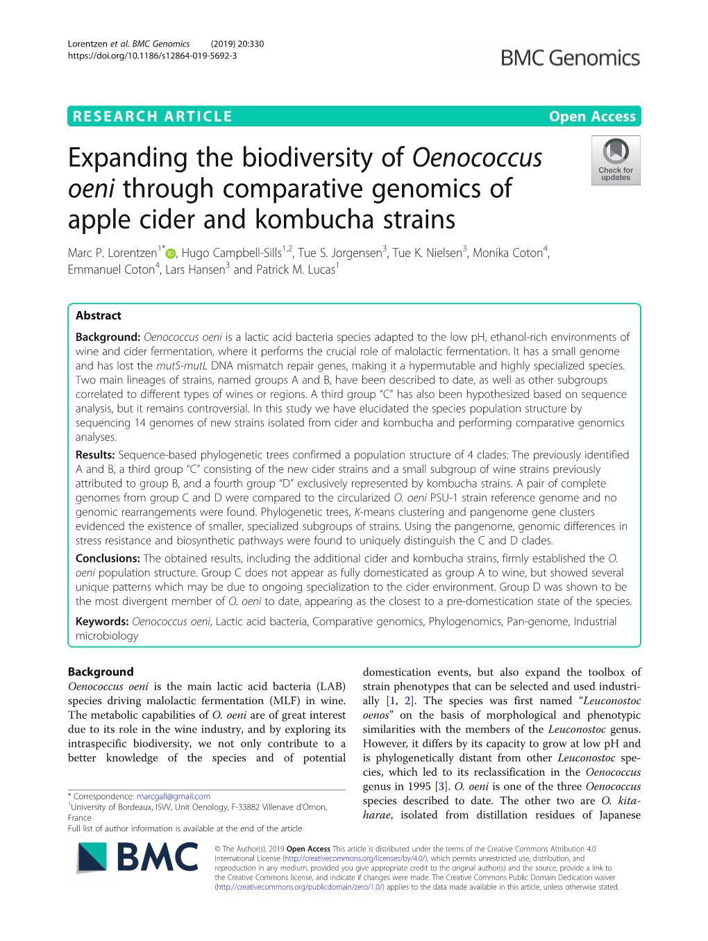 Oenococcus Oeni Through Comparative Genomics of Apple Cider and Kombucha Strains Marc P