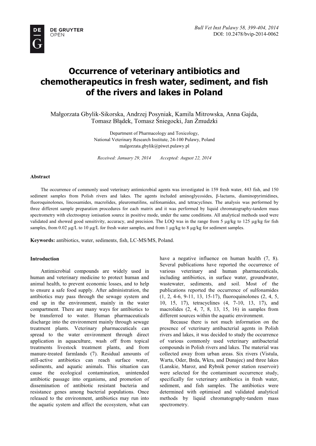 Occurrence of Veterinary Antibiotics and Chemotherapeutics in Fresh Water, Sediment, and Fish of the Rivers and Lakes in Poland