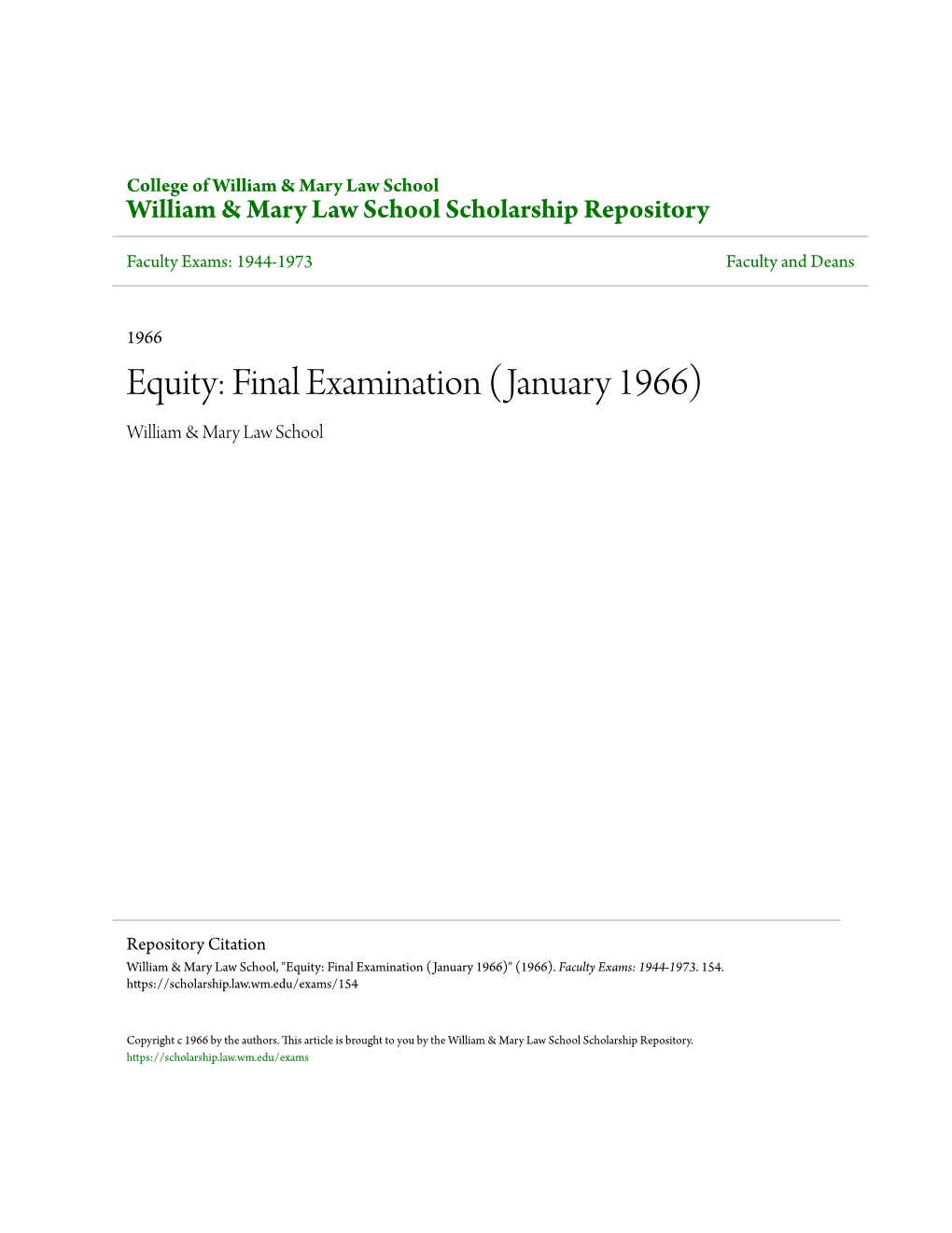 Equity: Final Examination (January 1966) William & Mary Law School