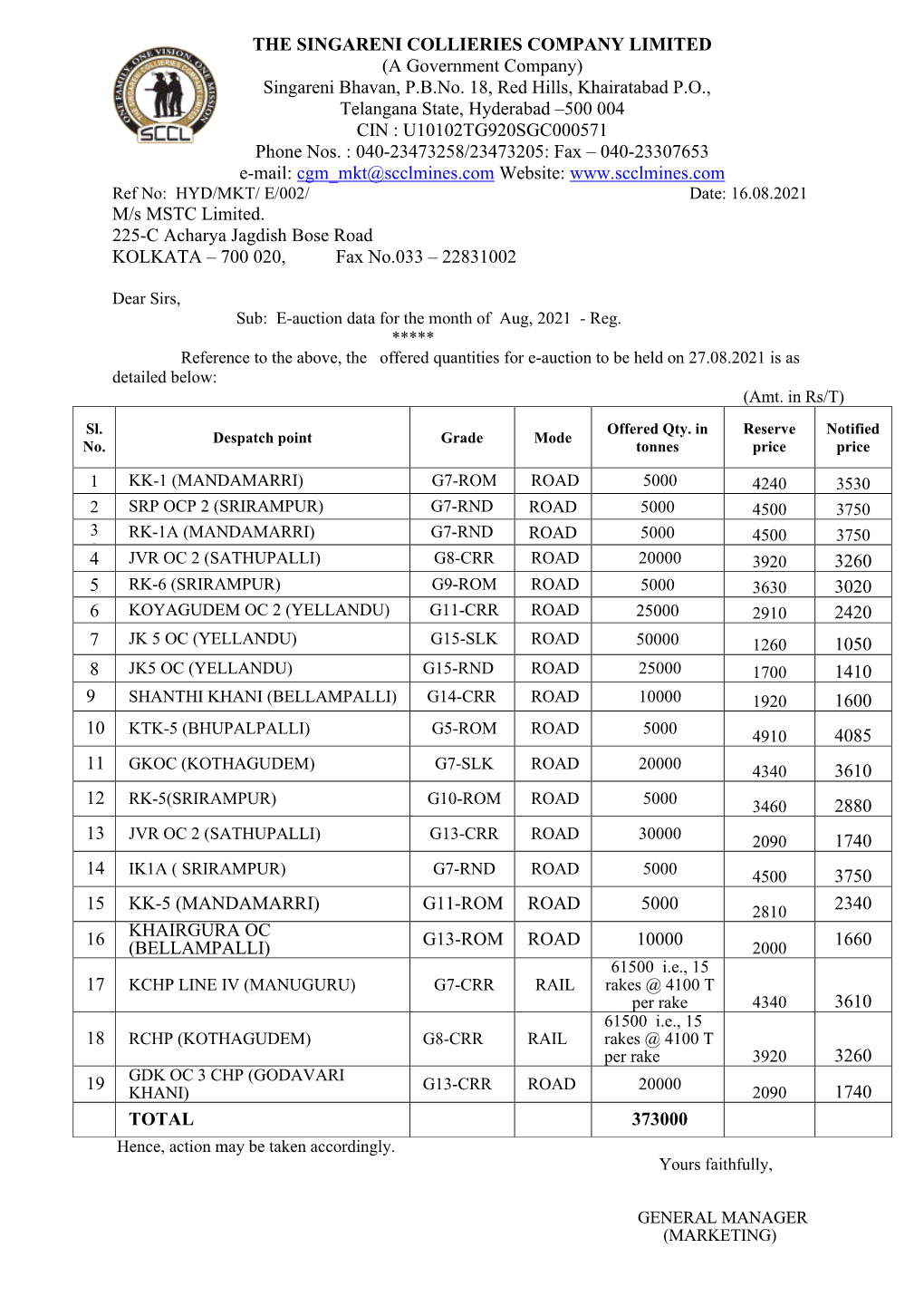 SCCL NOTICE for Spot E-Auction Dt.27.08.2021