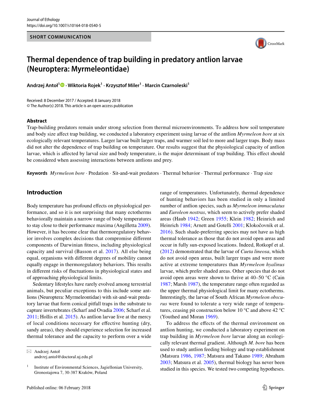 Thermal Dependence of Trap Building in Predatory Antlion Larvae (Neuroptera: Myrmeleontidae)