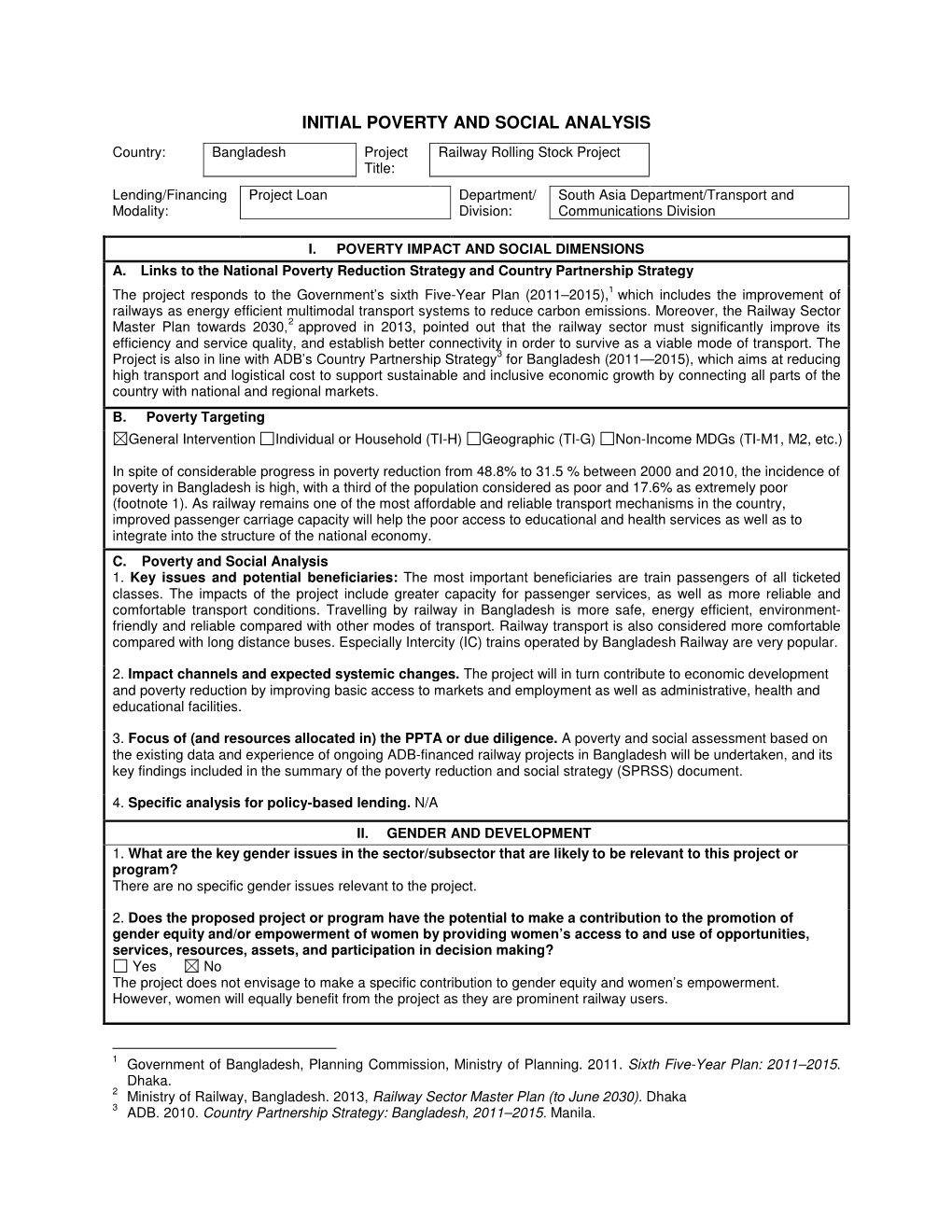 Initial Poverty and Social Analysis Country: Bangladesh Project Title