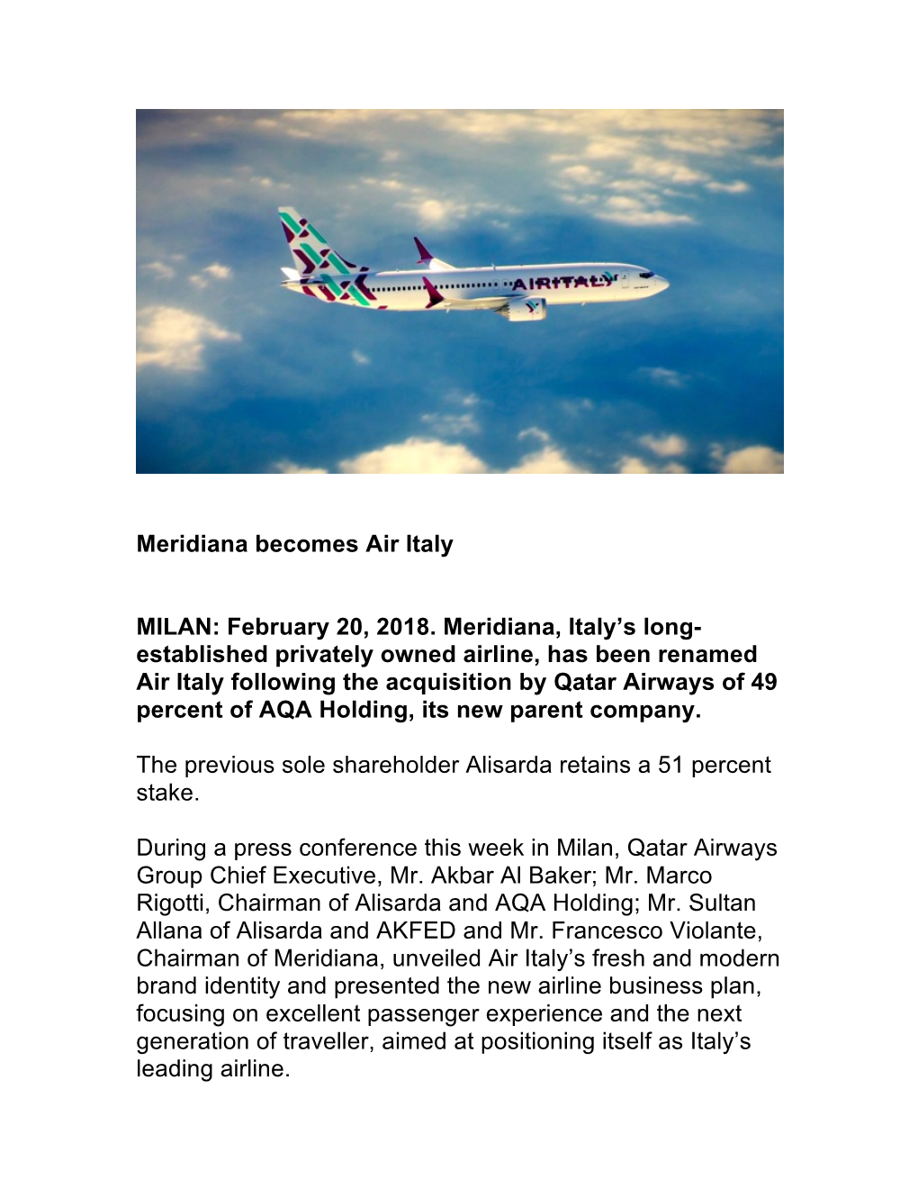 Meridiana Becomes Air Italy MILAN