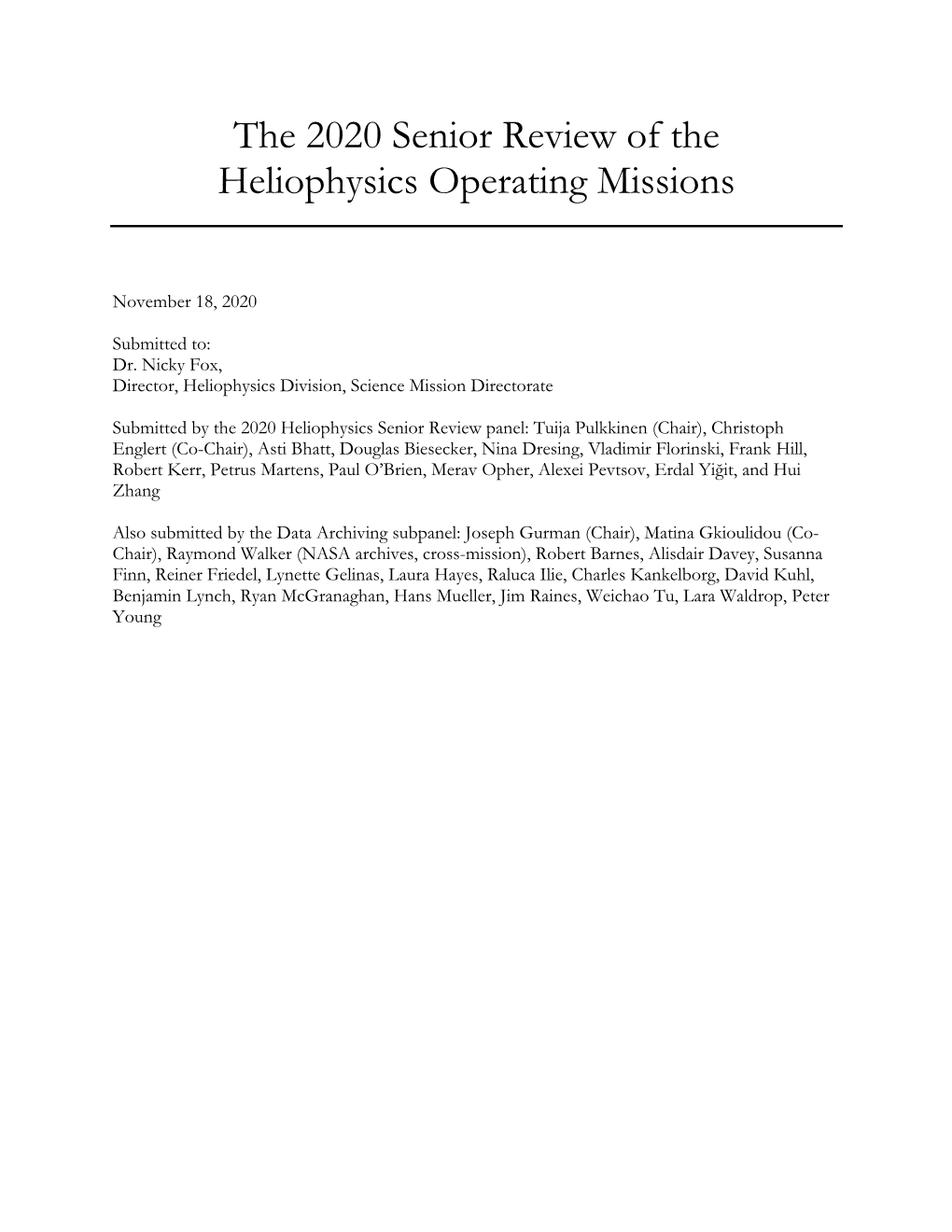 The 2020 Senior Review of the Heliophysics Operating Missions