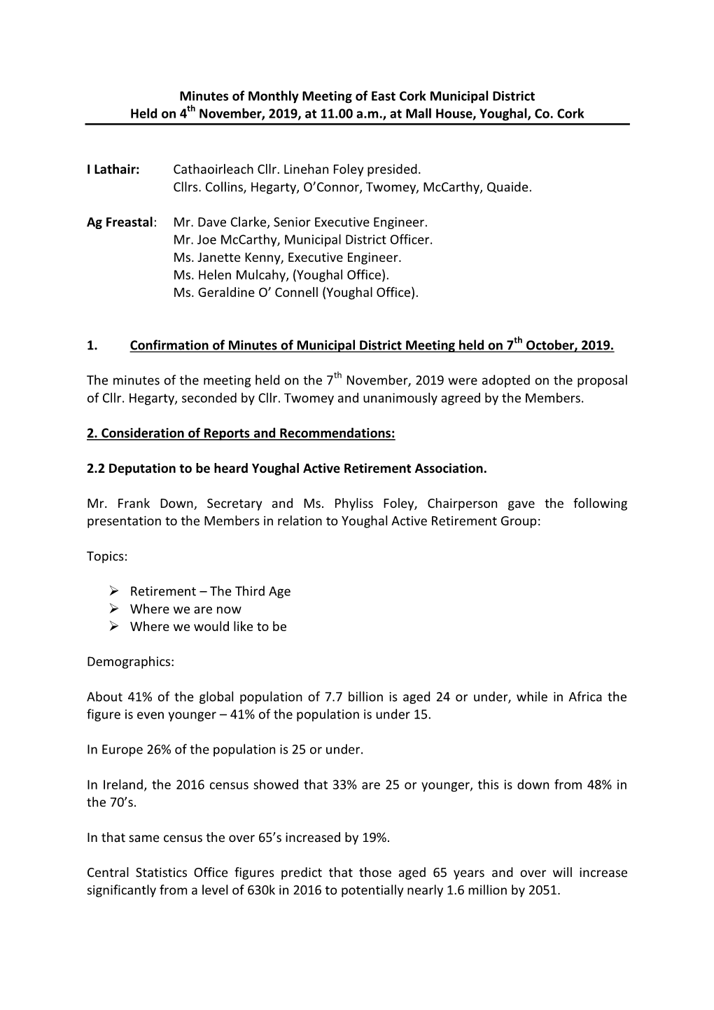 Minutes of Monthly Meeting of East Cork Municipal District Held on 4Th November, 2019, at 11.00 A.M., at Mall House, Youghal, Co