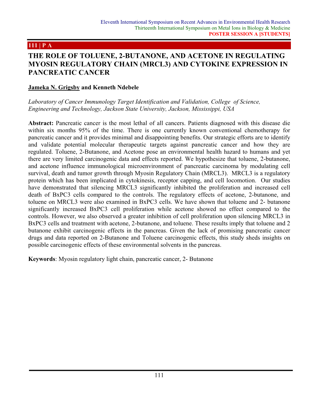 The Role of Toluene, 2-Butanone, and Acetone in Regulating Myosin Regulatory Chain (Mrcl3) and Cytokine Expression in Pancreatic Cancer