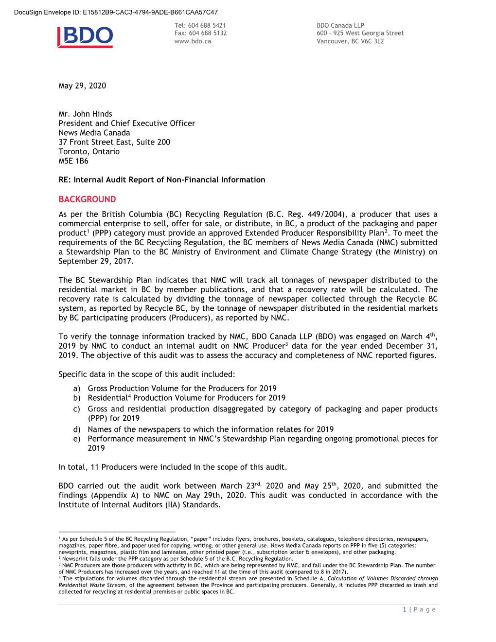 BACKGROUND As Per the British Columbia (BC) Recycling Regulation (B.C