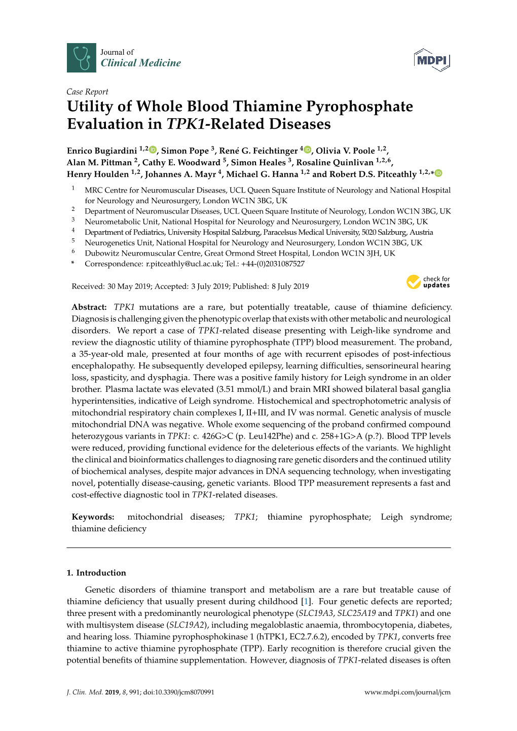 Utility of Whole Blood Thiamine Pyrophosphate Evaluation in TPK1-Related Diseases