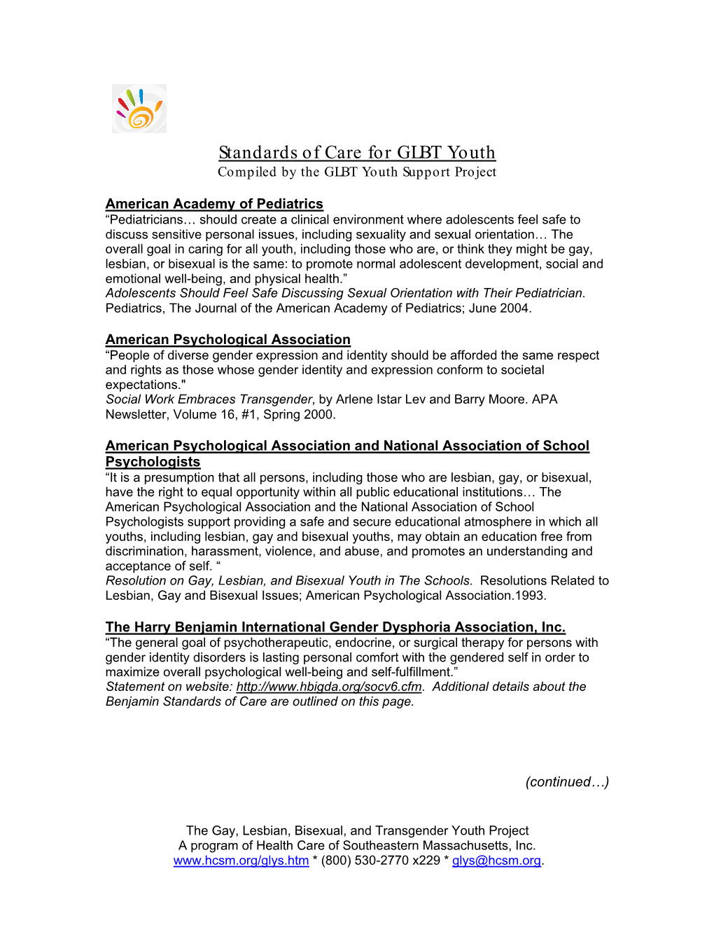 Standards of Care for GLBT Youth Compiled by the GLBT Youth Support Project