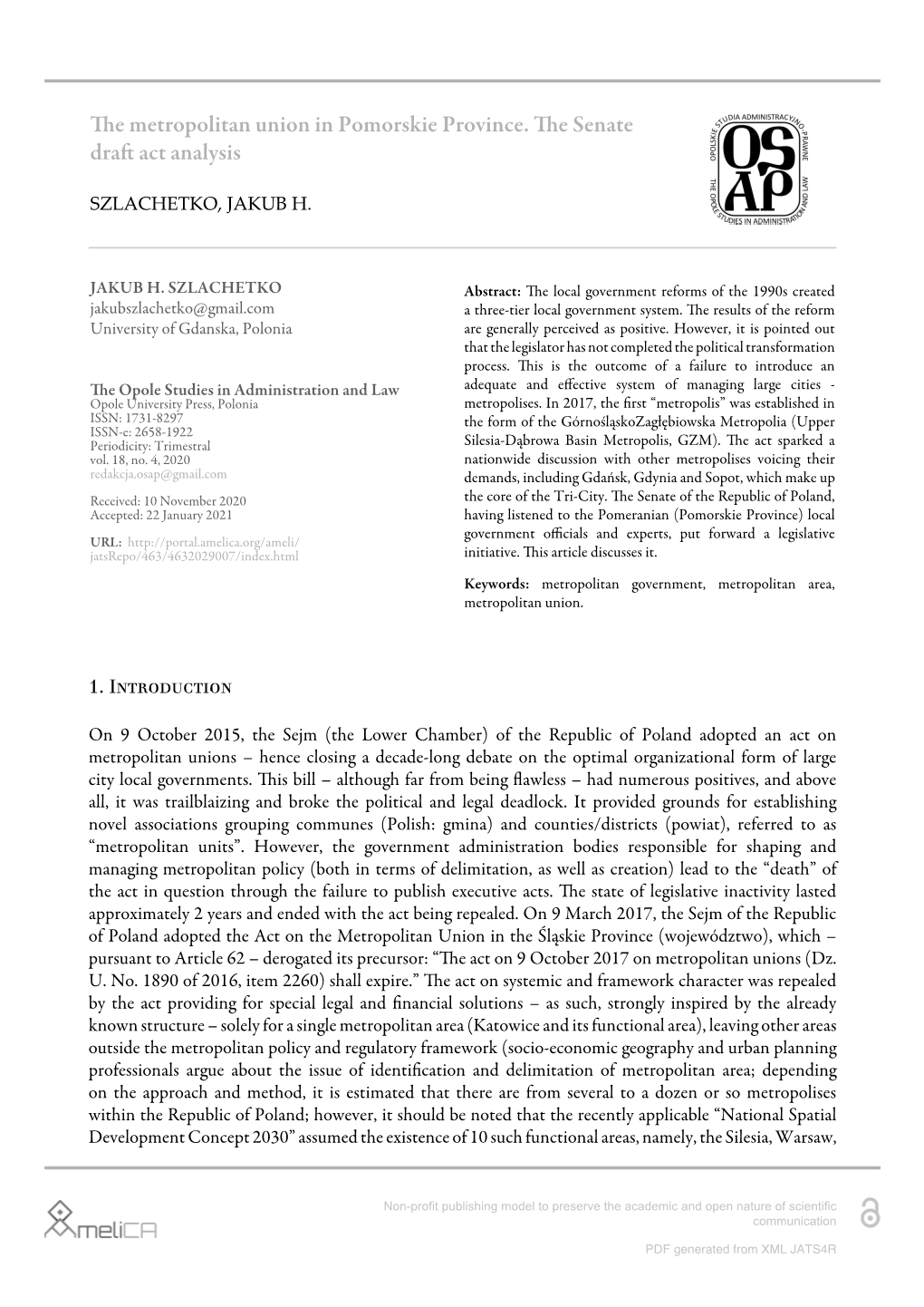 The Metropolitan Union in Pomorskie Province. the Senate Draft Act Analysis