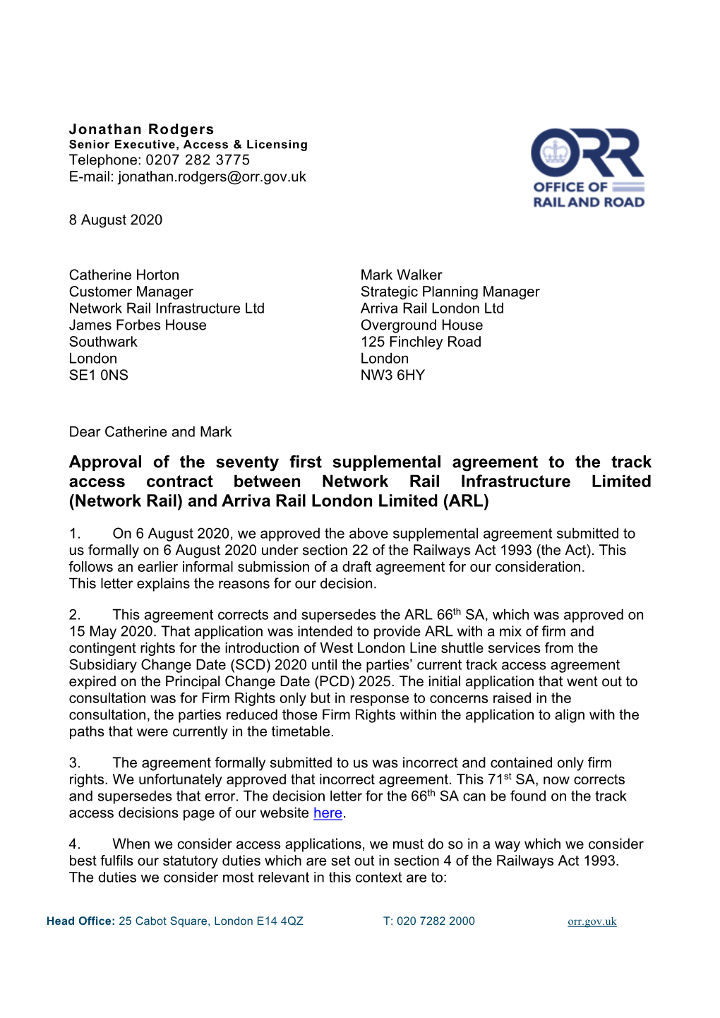 Arriva Rail London Limited 71St Supplemental Agreement Decision Letter