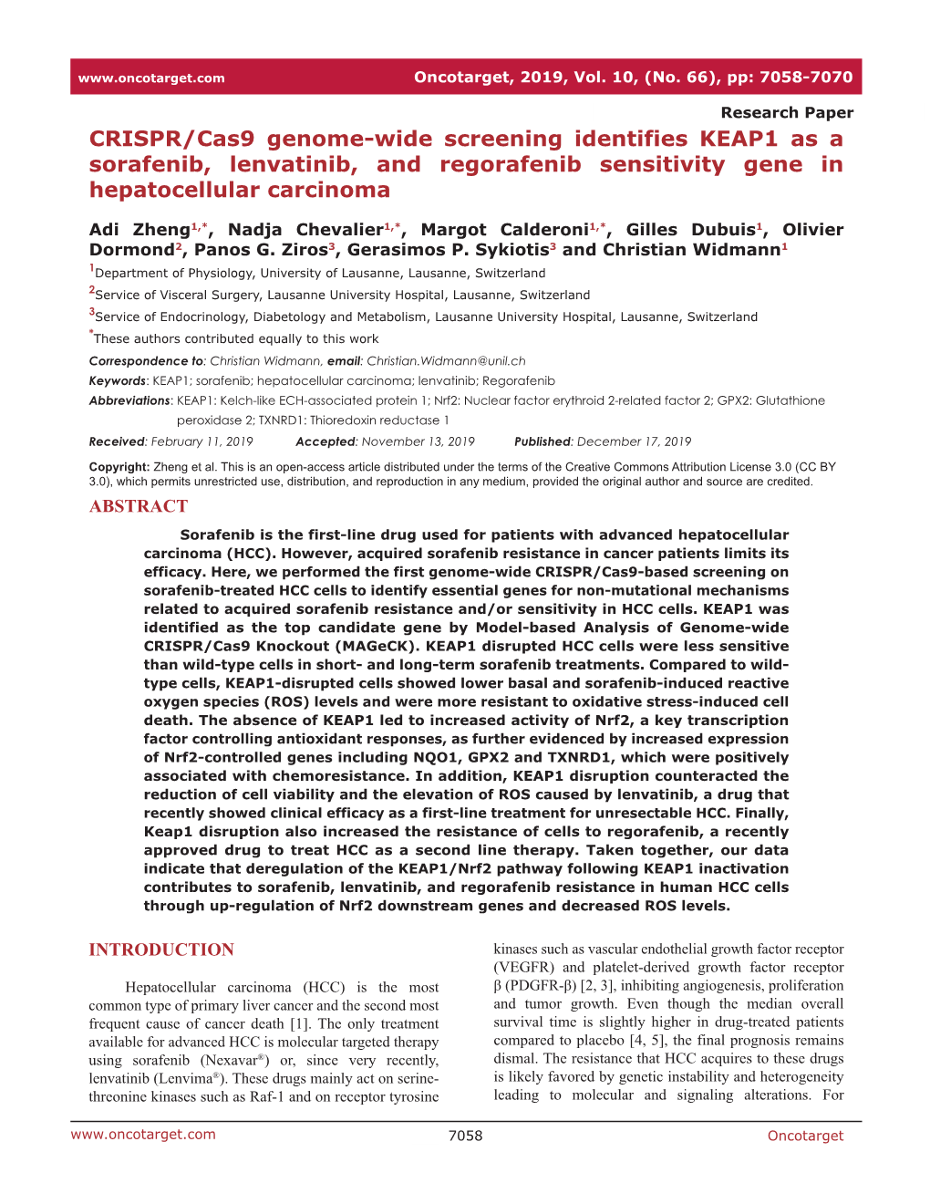 CRISPR/Cas9 Genome-Wide Screening Identifies KEAP1 As a Sorafenib, Lenvatinib, and Regorafenib Sensitivity Gene in Hepatocellular Carcinoma