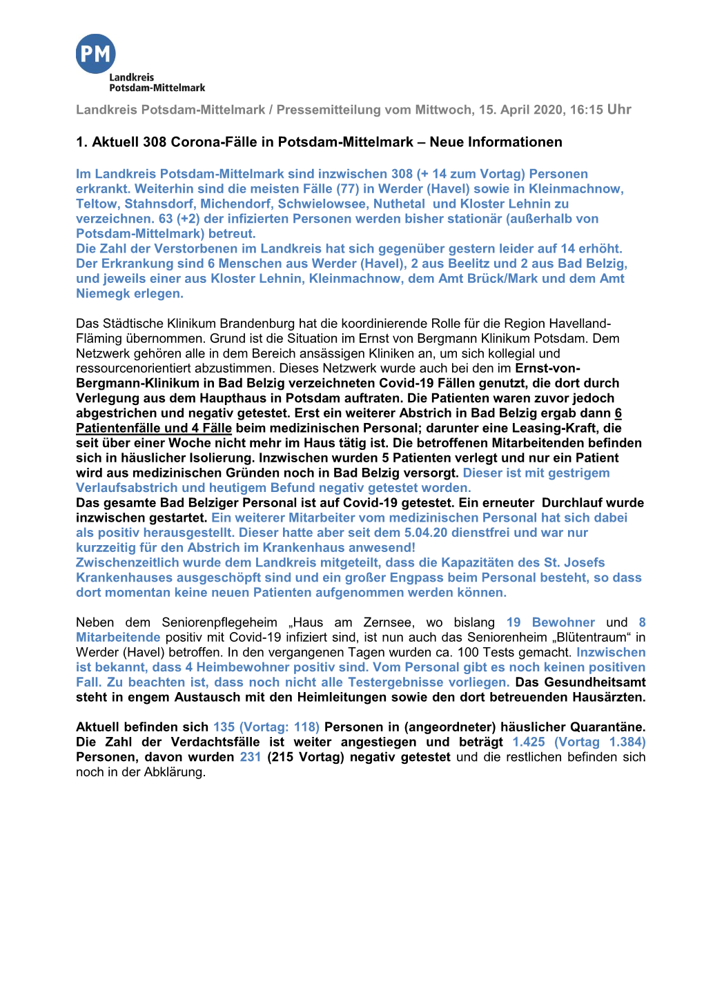 1. Aktuell 308 Corona-Fälle in Potsdam-Mittelmark – Neue Informationen