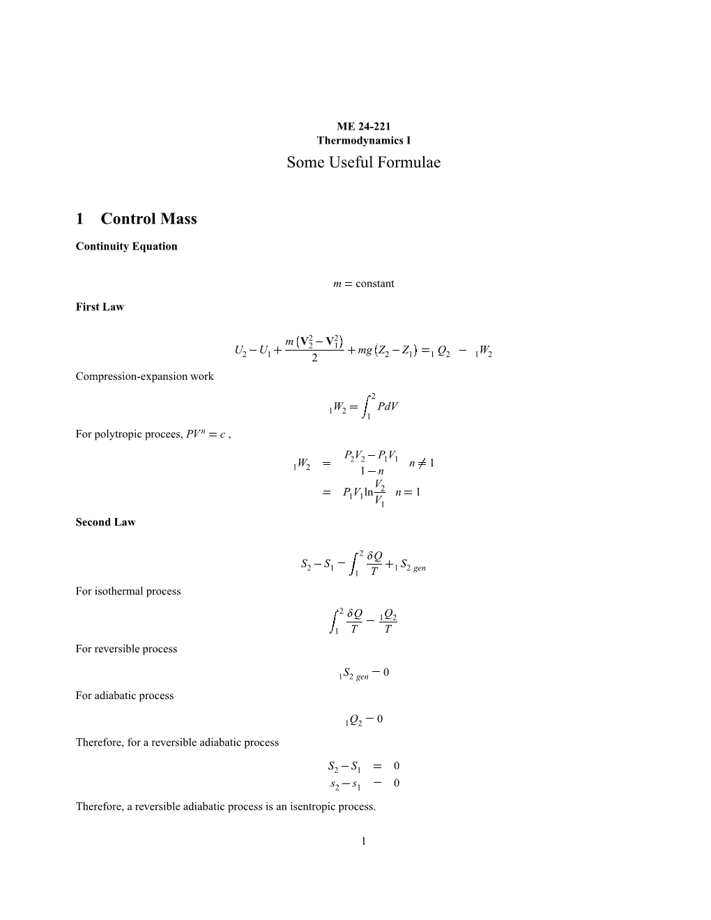 Summary of Useful Formulae