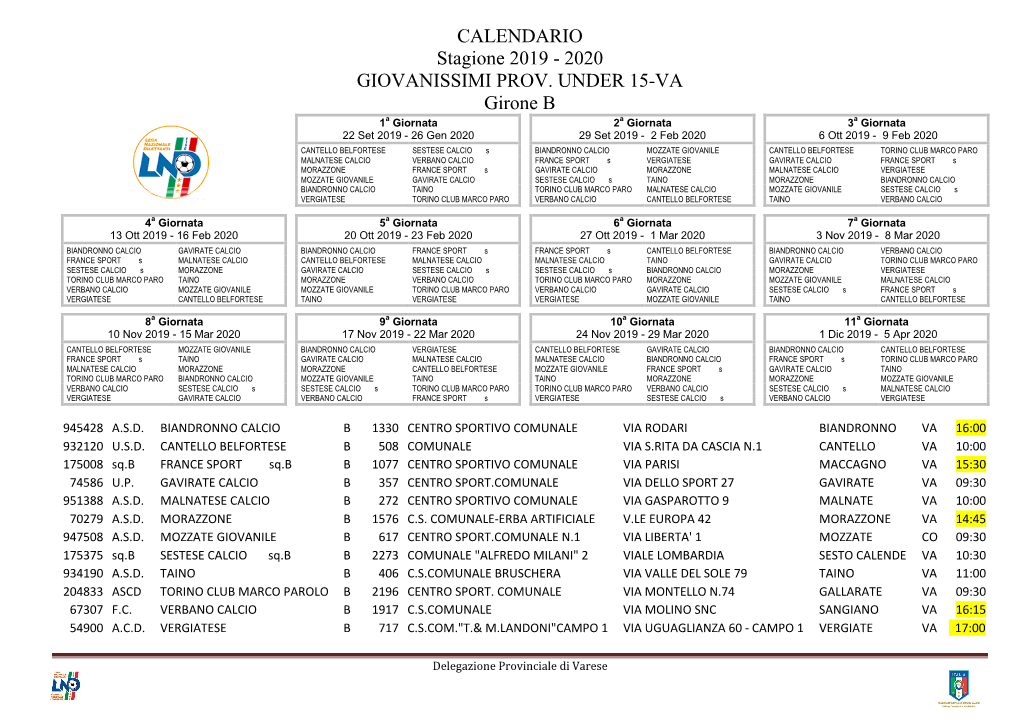 2020 GIOVANISSIMI PROV. UNDER 15-VA Girone B