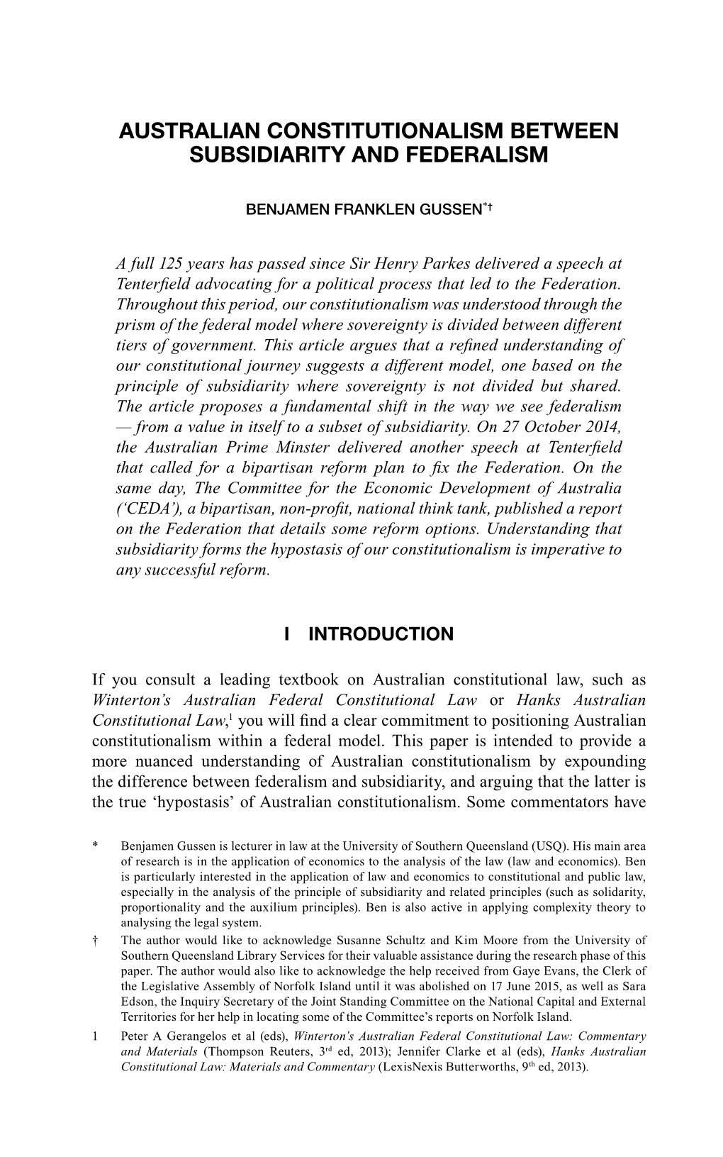 Australian Constitutionalism Between Subsidiarity and Federalism