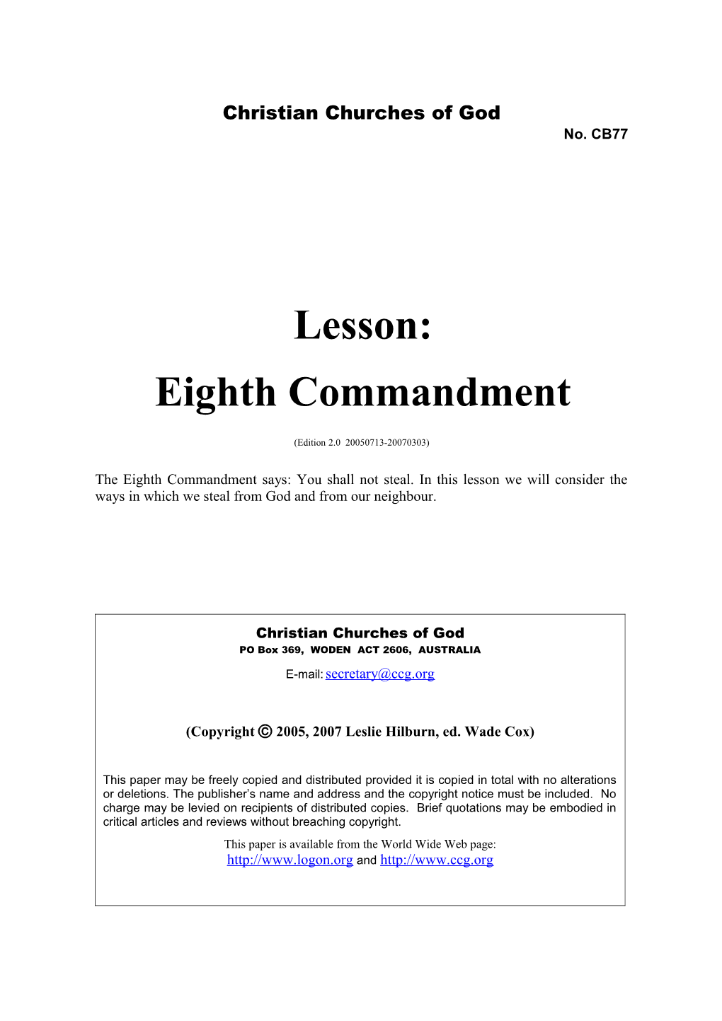 Lesson: Eighth Commandment (No. CB77)