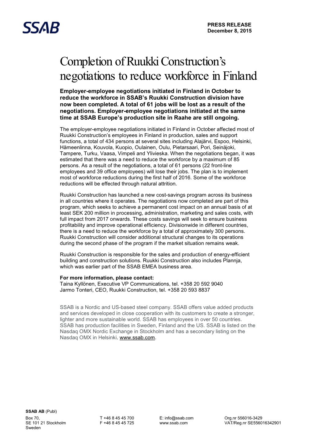 Completion of Ruukki Construction's Negotiations to Reduce Workforce In