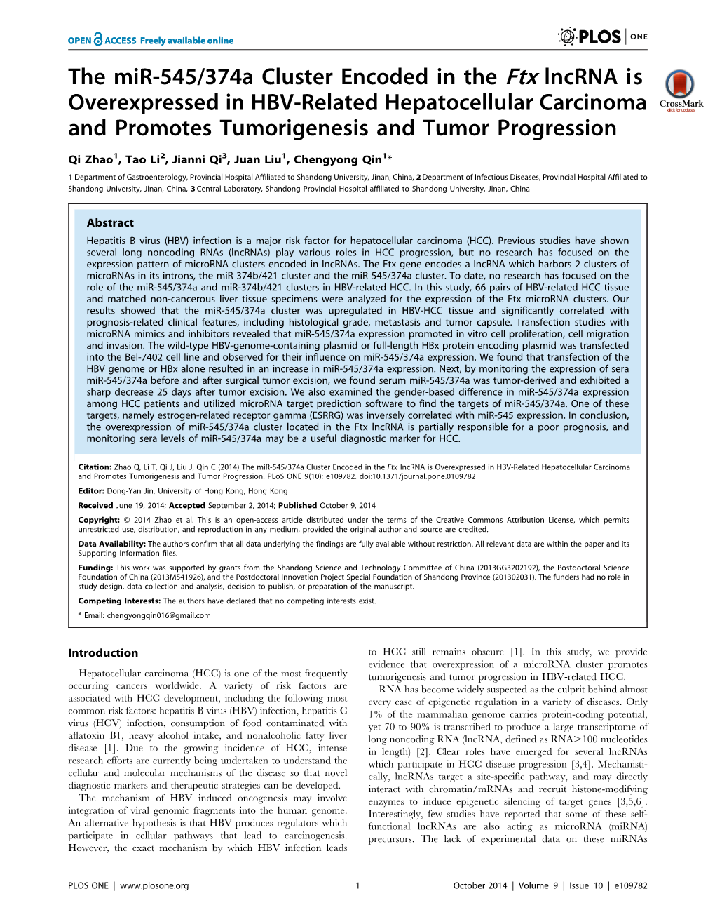 The Mir-545/374A Cluster Encoded in the Ftx Lncrna Is Overexpressed in HBV-Related Hepatocellular Carcinoma and Promotes Tumorigenesis and Tumor Progression