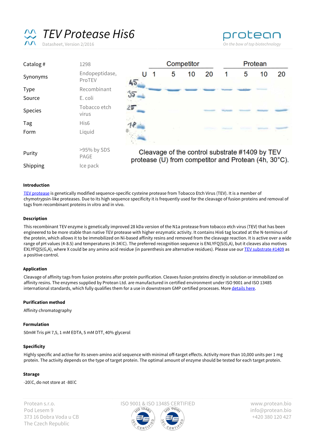 TEV Protease His6 Datasheet, Version 2/2016 on the Bow of Top Biotechnology