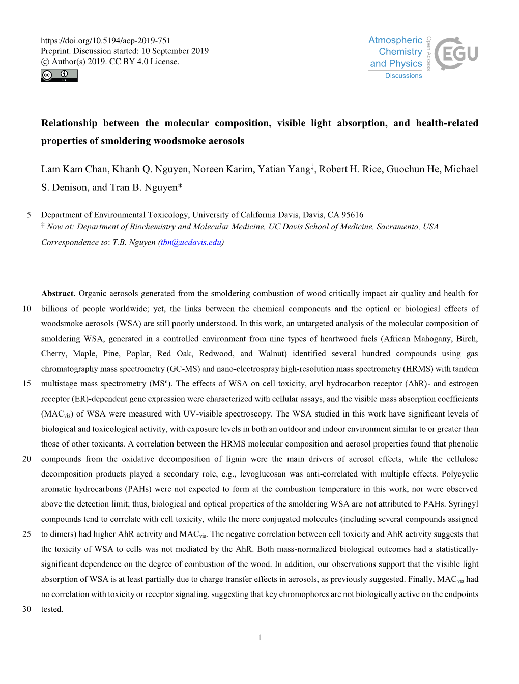 Relationship Between the Molecular Composition, Visible Light Absorption, and Health-Related Properties of Smoldering Woodsmoke Aerosols