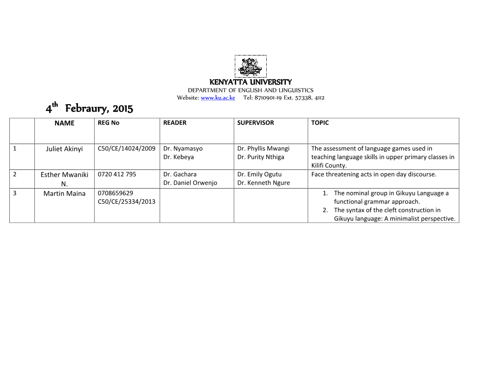 4Th Febraury, 2015 NAME REG No READER SUPERVISOR TOPIC