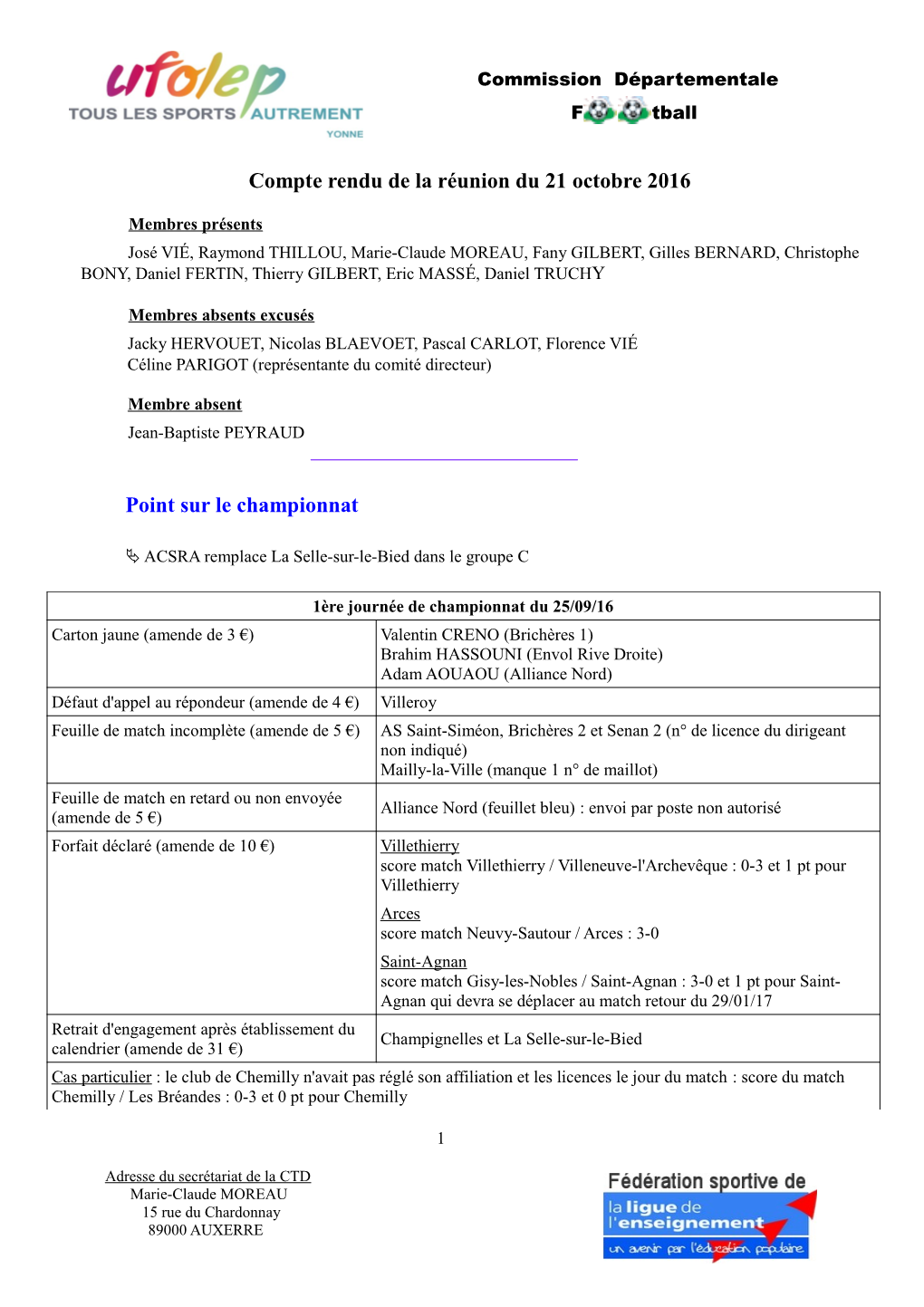 Compte Rendu De La Réunion Du 21 Octobre 2016 Point Sur Le Championnat