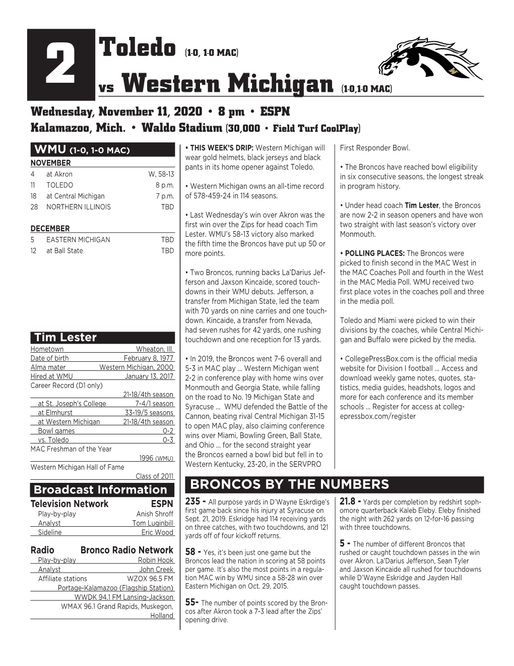 Vs Western Michigan (1-0,1-0 MAC) Wednesday, November 11, 2020 • 8 Pm • ESPN Kalamazoo, Mich