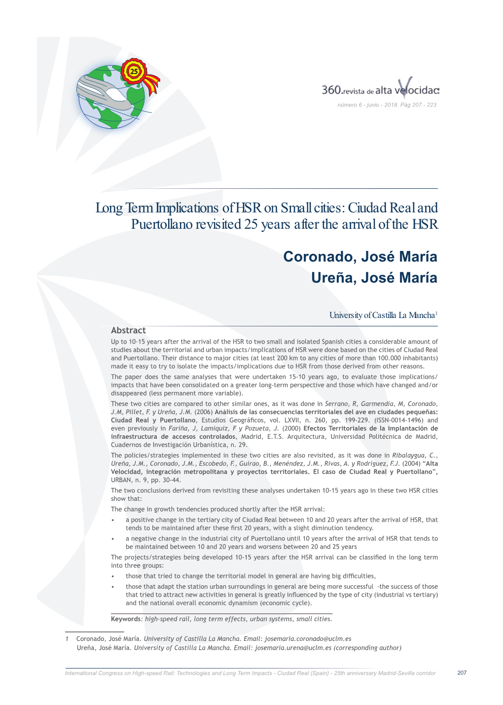 Long Term Implications of HSR on Small Cities: Ciudad Real and Puertollano Revisited 25 Years After the Arrival of the HSR