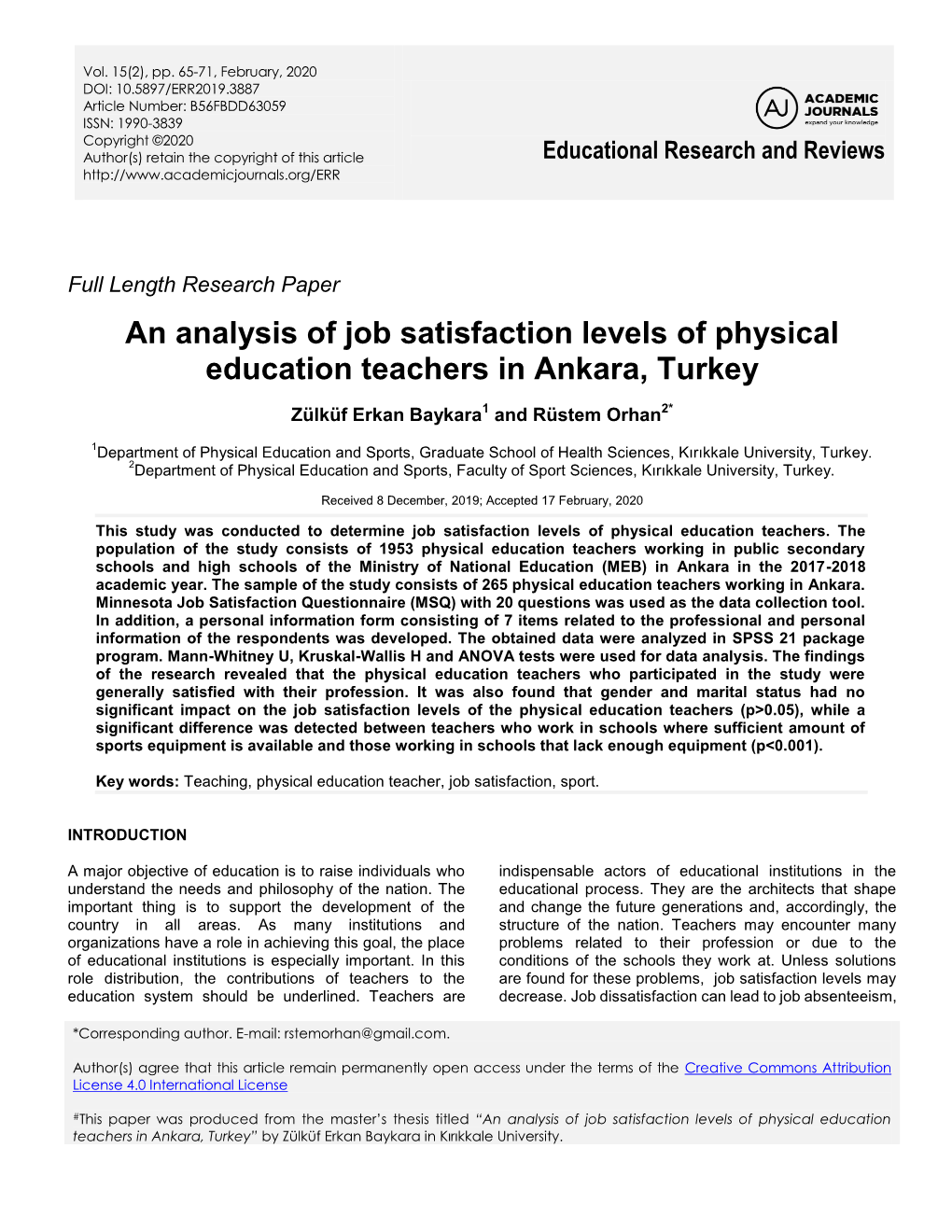 An Analysis of Job Satisfaction Levels of Physical Education Teachers in Ankara, Turkey