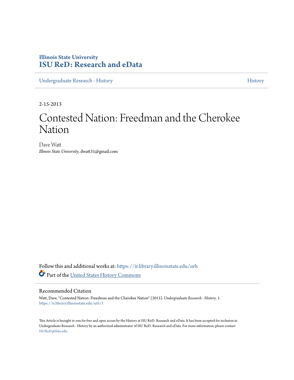 Contested Nation: Freedman and the Cherokee Nation Dave Watt Illinois State University, Dwatt31@Gmail.Com