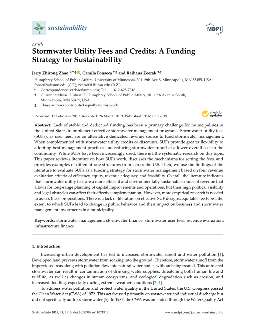 Stormwater Utility Fees and Credits: a Funding Strategy for Sustainability