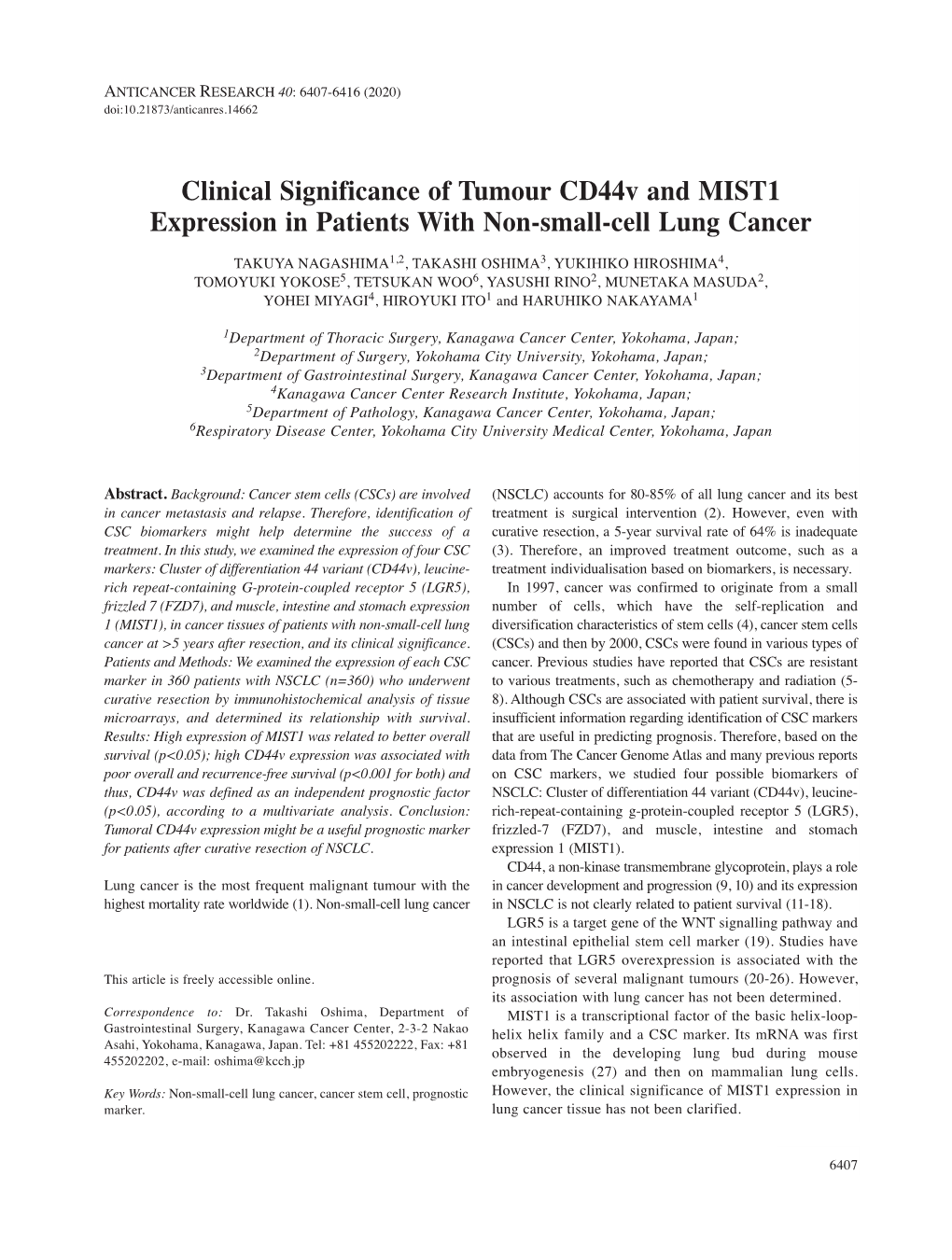 Clinical Significance of Tumour Cd44v and MIST1 Expression In
