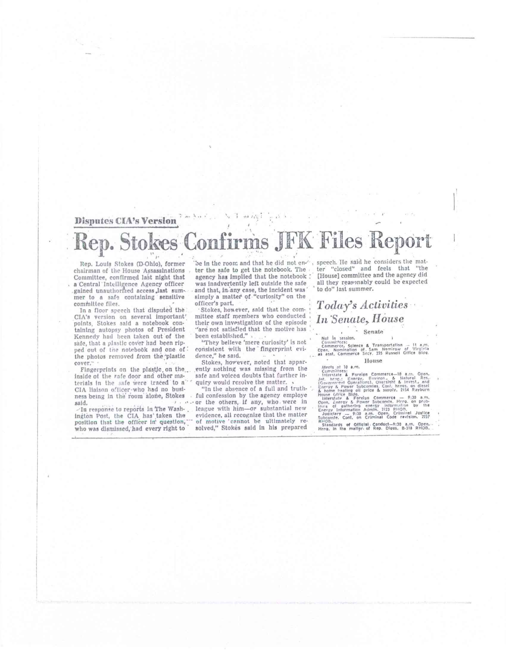 Rep. Stokes ,Confirnis JFK Files Report Rep
