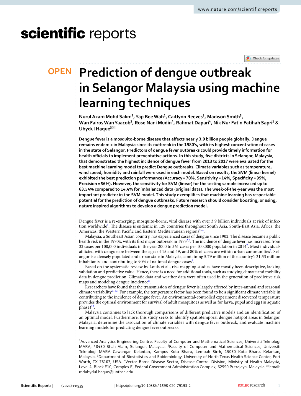 Prediction of Dengue Outbreak in Selangor Malaysia Using Machine