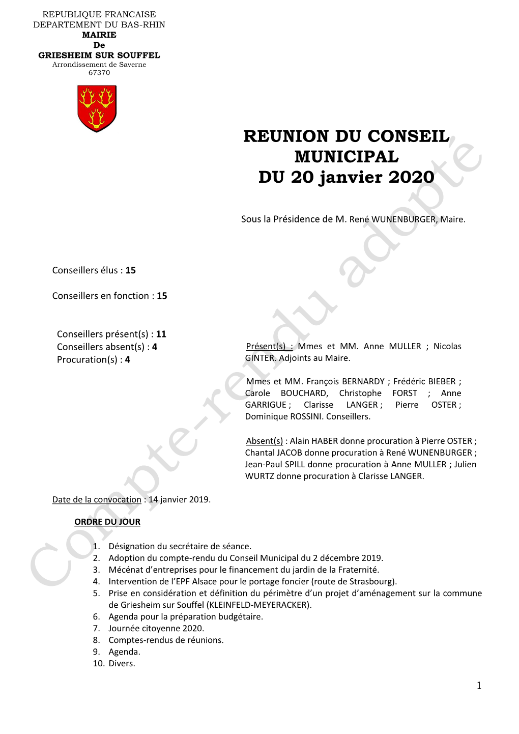 REUNION DU CONSEIL MUNICIPAL DU 20 Janvier 2020