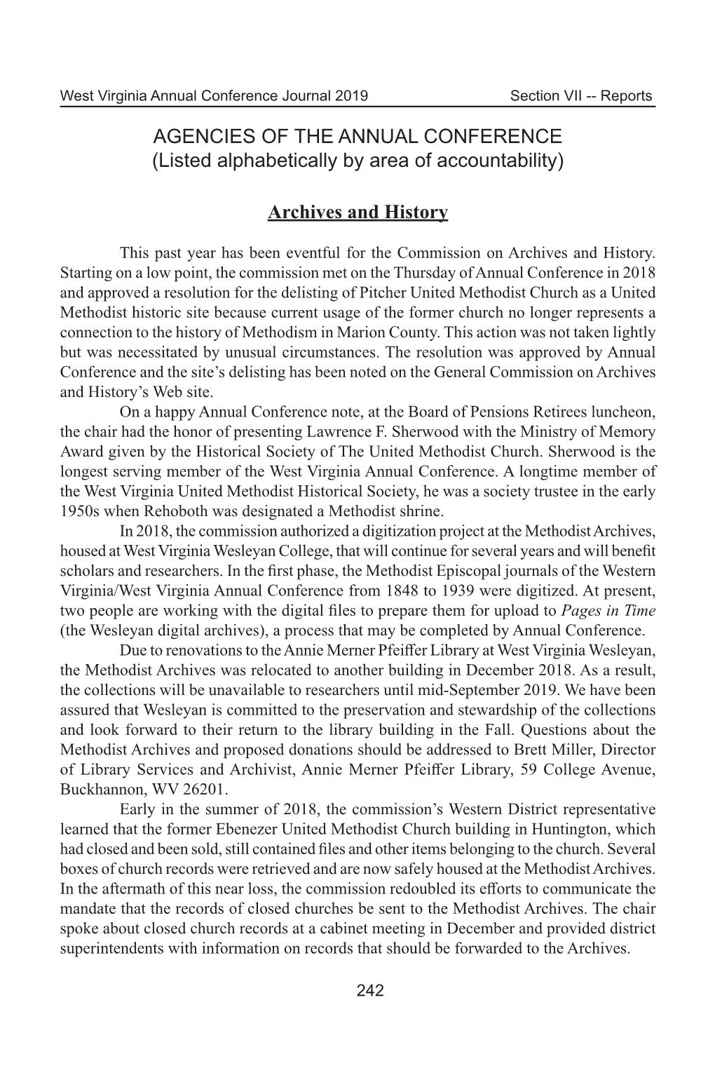 Archives and History AGENCIES of the ANNUAL CONFERENCE