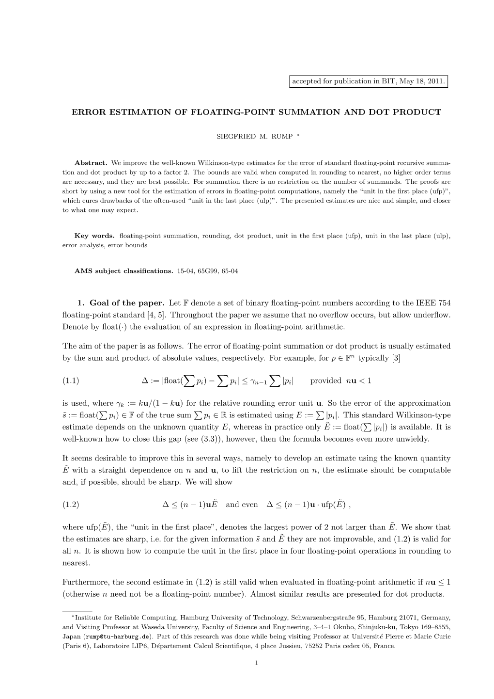 Error Estimation of Floating-Point Summation and Dot Product