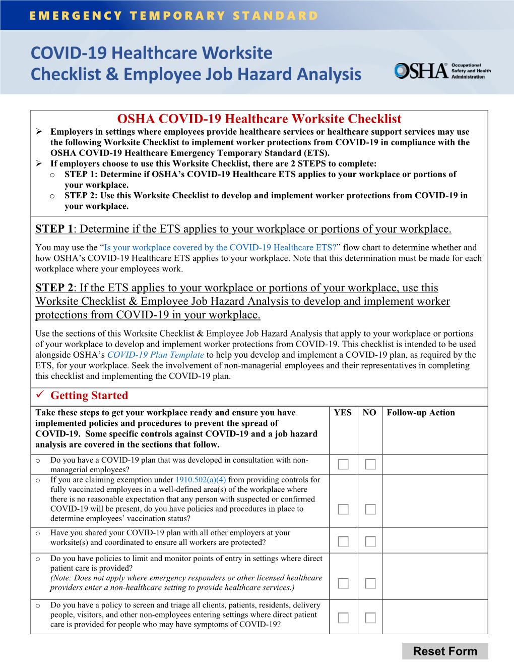 19 Healthcare Worksite Checklist & Employee Job Hazard Analysis