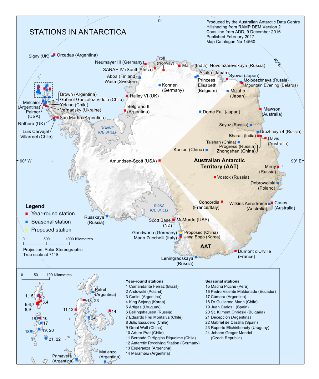 STATIONS in ANTARCTICA Coastline from ADD, 9 December 2016 Published February 2017 Map Catalogue No 14560